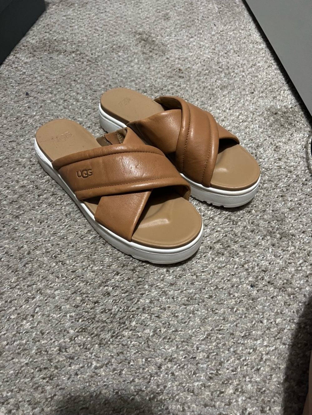 UGG Women’s Cognac Leather Crisscross Platform Slide Sandals